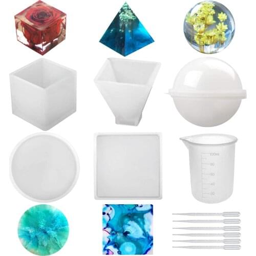 Silicone Resin Molds Casting Mould Sphere Cube Pyramid Square Round Mould with Cup Pipette for Epoxy Candle Wax Soap Bowl Mat