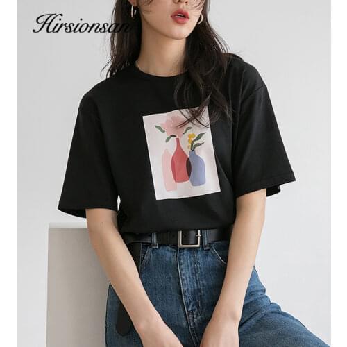 Hirsionsan Aesthetic Printed T Shirt Women 2021 New Soft 1005 Cotton Balck Summer Tops O-neck Cusual Short Sleeve Female Tees