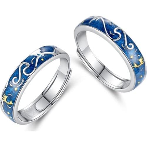 2Pcs Deer Starry Sky Couple Ring Blue Starry Night Adjustable Lover Rings For Women Men Valentines Gift Jewelry