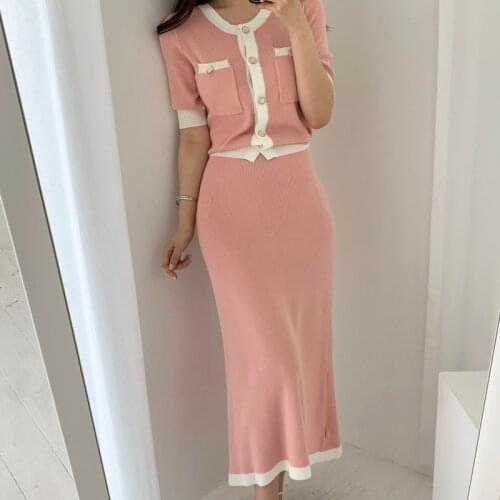 Long Skirt Suits Fashion Ladies Sets Korean Elegant Knitted Two Piece Set Women Crop Top Sweater Cardigans + Elastic Waist