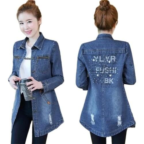 New Spring Autumn Denim Ladies Jacket Womens Clothing Slim Large Size Mid Long Hole Clothes Long Sleeve Female Outerwear Coats