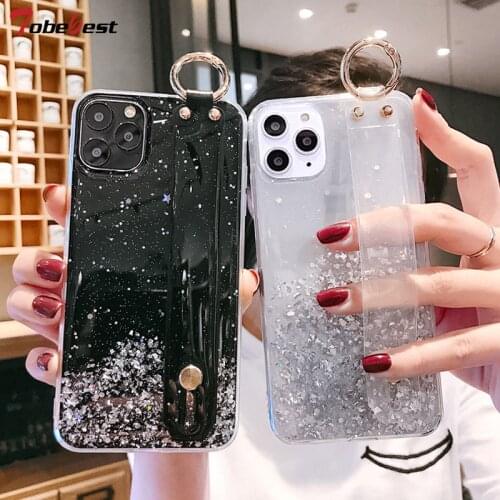 Wrist Strap Hand Band Bling Glitter Case For Samsung Galaxy A12 A32 A42 A52 A72 5G A02S Silver Foil Silicone Transparent Cover