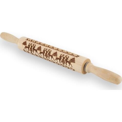 New Christmas Rolling Pin Engraved Carved Wood Embossed Rolling Pin Kitchen Tool 43cm SCI88