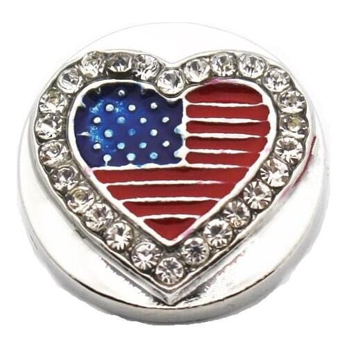 New Style 10pcs/lot Metal Enamel Heart USA National Flag Crystal Snap Button Charms Fit 18mm/20mm Snap Button Bracelet Jewelry