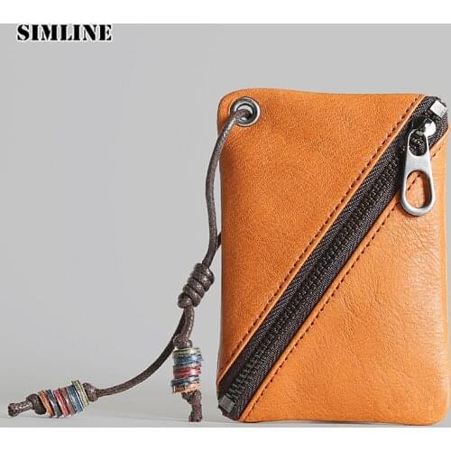 SIMLINE Vintage Genuine Leather Coin Purse Bag Men Women Small Mini Slim Wallet Wallets Card Holder Case Pocket For Male Female