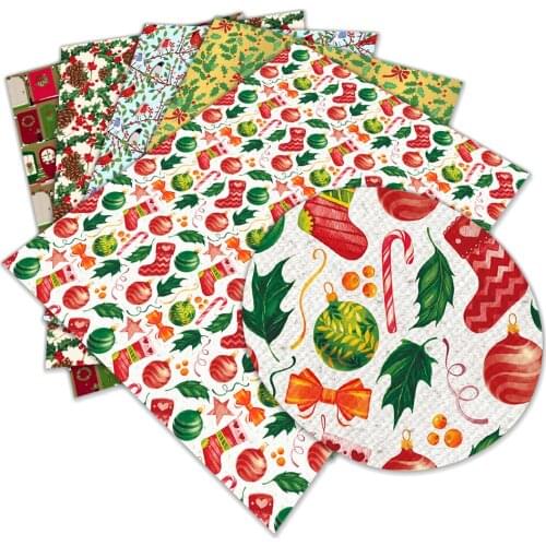 Christmas Snowman Printed Faux Leather Sheets Red and White Plaid Leather Fabric DIY Making Shoe Bag Bow Decoration 30x136cm