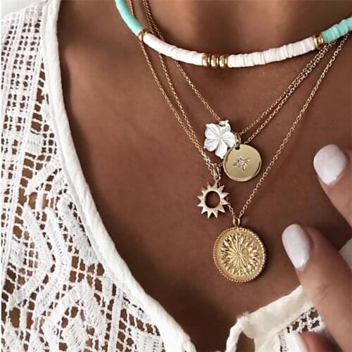 Vintage Multi-layer Pendant Necklace Bohemia Natural Shell Flower Sequin Moon Eye Cross Choker Necklace for Women Party 2682