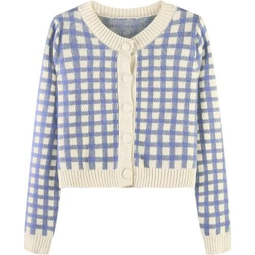 Vintage Plaid Knitted Cardigan Korean Short Knit Women Coat 2021 Autumn Long Sleeve O-neck Sweet Crop All-match Top Sweater
