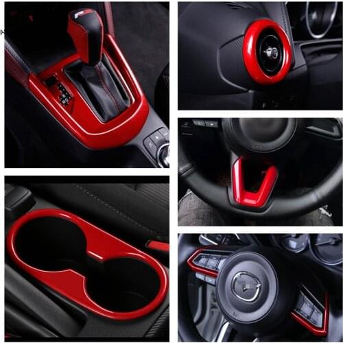 Yimaautotrims Red Interior Refit Kit Air AC / Steering Wheel / Front Water Cup Holder Cover Trim For Mazda CX-3 CX3 2016 - 2020