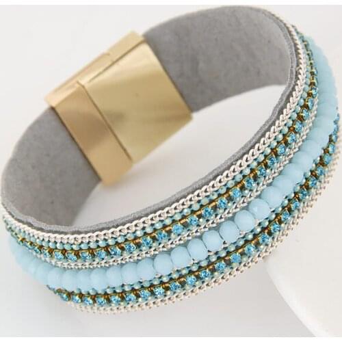 LEMOER Fashion Candy Color Crystal Beads Braided Wide Magnetic Leather bracelets & bangles for Women summer vacation Pulseras