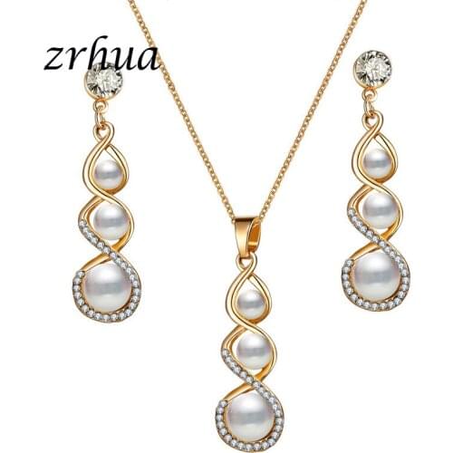 ZRHUA Free Ship Gold Color Jewelry Sets Water Drop Cubic Zirconia CZ Stone Drop Pendant Earrings Necklaces Imitation Pearl Set