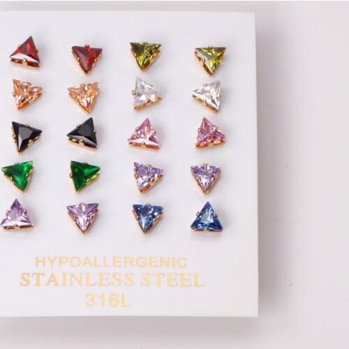 10 Pairs Triangle Mixed Earrings Cubic Zirconia 6mm Gold Silver Color Stainless Steel Anti-allergy Fashion Jewelry Wholesale