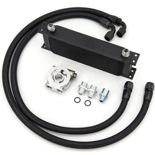 UNIVERSAL SILVER 13 ROWS OIL COOLER KIT WITH BLUE OIL FILTER SANDWICH ADAPTER + SLIVER STAINLESS STEEL BRAIDED AN10 HOSE