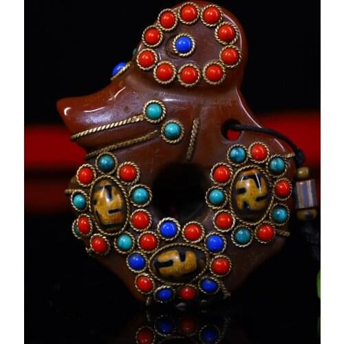 3"Tibet Temple Collection Old Natural agate Filigree mosaic Gem Dzi Bead Goat statue Lucky Sheep Pendant amulet Town House