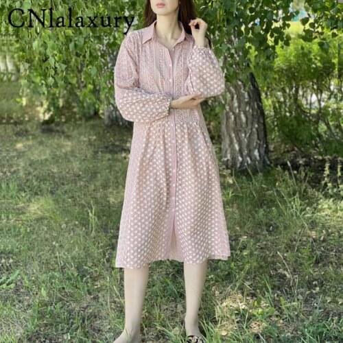 CNlalaxury Embroidery Midi Dress Women 2021 Turn Down Collar Casual Long Sleeve Sweet Dresses Female Elegant A Line Robe Dress