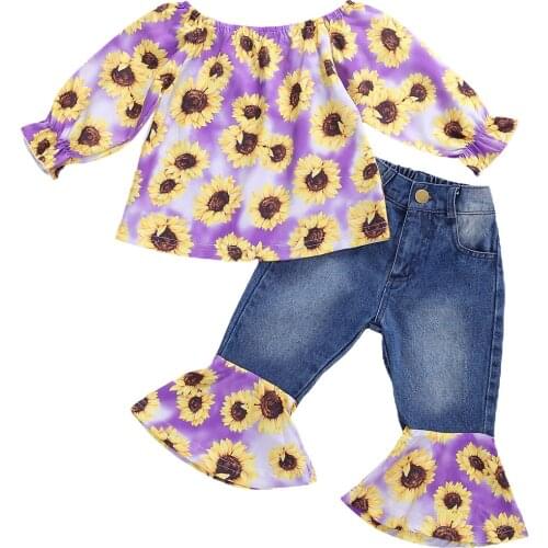 Childrens Off Shoulder Suit Baby Girls' Long Sleeve Top Long Flared Jeans Trousers 2Pcs Set for Spring Autumn