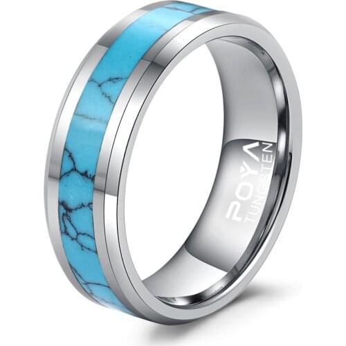 POYA TUNGSTEN Ring Turquoise Inlay Wedding Band for Men Beveled Edges Comfort Fit