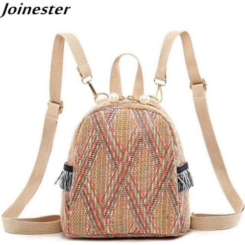 Women Straw Woven Small Backpack Girls Casual Crochet Daypacks Fashion Bohemia Beach Travel Bags Stylish Summer Outing Purses