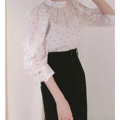 Sweet Pleated Ruffle Sleeve Solid Drape Blouse Elegant Ol O-neck Pullover Shirts Japanese Sweet Ploka Dot Print Blusas Chic Tops