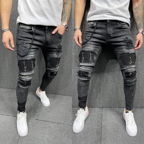 Fashion Patchwork Jeans Men Ripped Skinny stretch High Quality Biker Denim Pencil Pants Slim Hip-hop Trousers Clothing 2021