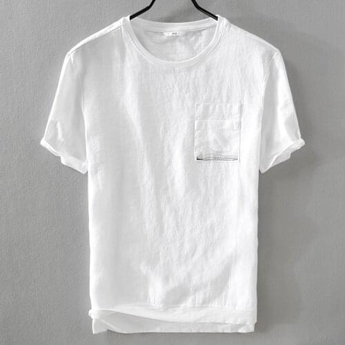 New loose cotton and linen short-sleeved t-shirt men casual round neck white t shirt mens M-3XL solid tshirt with pocket camisa