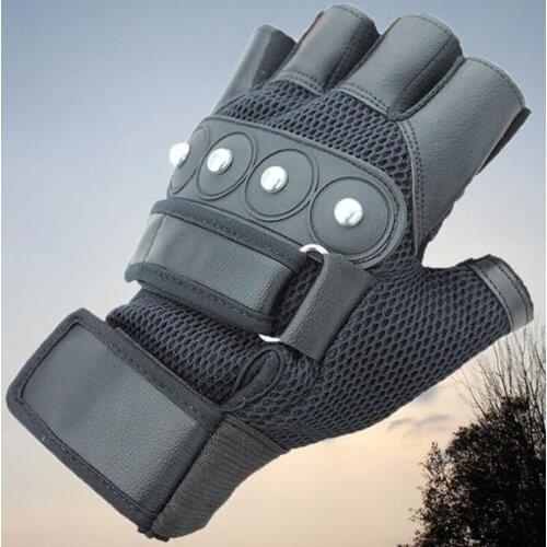 Men Half Finger Summer Outdoor Sport Bicycle Cycling Mittens PU Leather Wrist Non-slip Breathable Mesh Rivets Punk Gloves G48