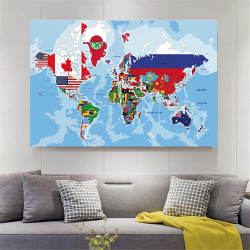 150x100cm Non-woven World Physical Map With National Flags Plate For Office School Wall Decor