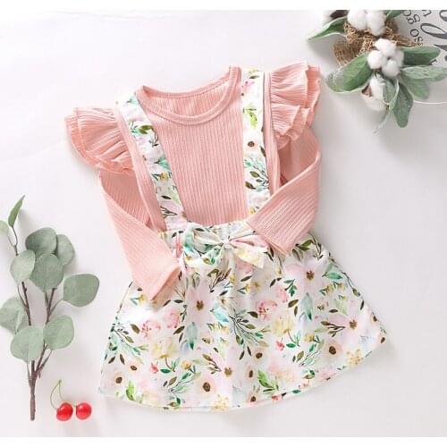 1-6T Autumn Baby Girl Flare Long Sleeve Cotton T-shirt Blouse Strap Floral Skirts Casual Outfits Set