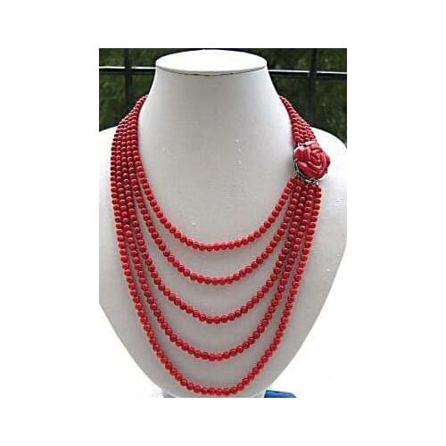 Wedding Woman Jewelry 5 Rows 6mm Red Coral Bead Necklace Rose Flower Clasp Handmade Charm