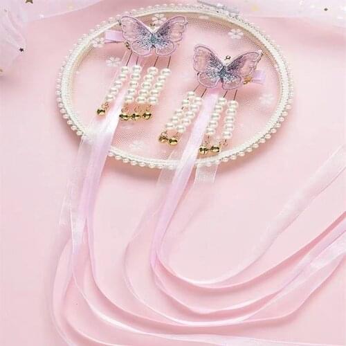 A pair of Chinese style butterfly-shaped pearl-embellished long ribbon hairpins Childrens side clip headdress