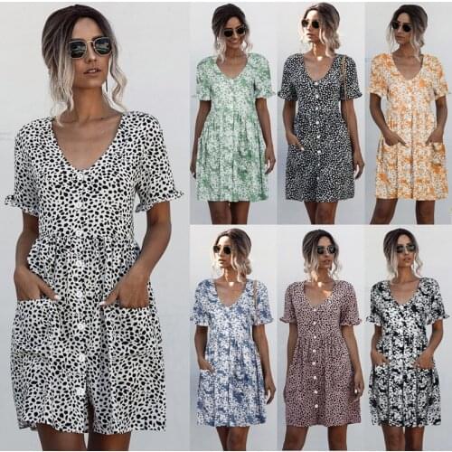Spring Polka Dot Casual Womens Dresses Single Breasted Pockets Decor Above Knee,Mini Dress Short Sleeve V-Neck Robe Femme