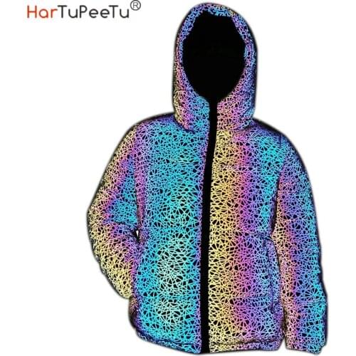 Dropshipping Winter Warm Women Reflective Jacket Girls Colorful Striped Cotton Padded Coat Double Zipper Thick Outwear Clothes