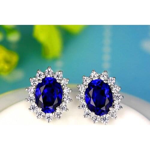 Luxury Female Blue Sapphire Oval Earrings Sterling Silver Wedding Earrings For Women Vintage Ruby Red Aquamarine Stud Earrings