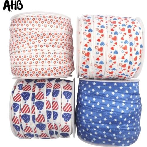 AHB 5/8" 15mm Love Heart Star Printed Fold Over Elastic FOE Spandex Band American Style Elastic Band For Headbands Dress Sewing