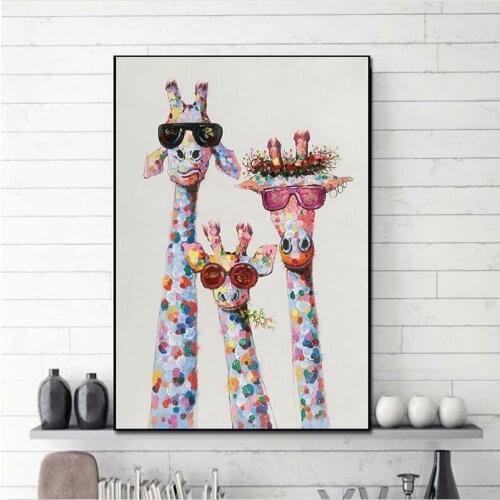 Modern Colorful Oil Animal Giraffe A family With Glasses Painting Canvas Picture Canvas Printings wall Art For Bedding Room