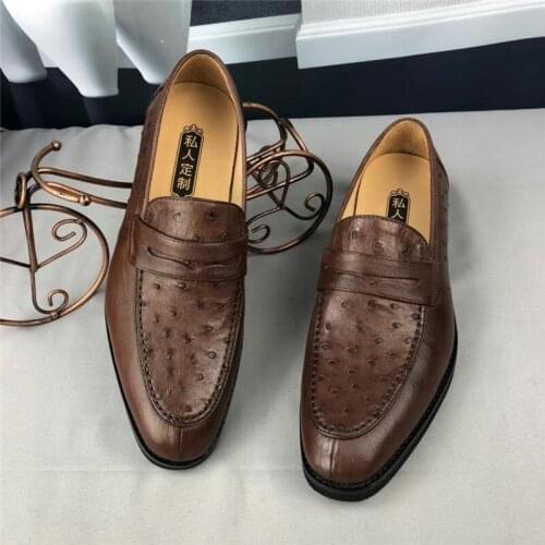 Authentic Real Ostrich Skin Businessmen Brown Dress Shoes Genuine Exotic Leather Slip-up Male Square Toe Oxford Shoes For Suit
