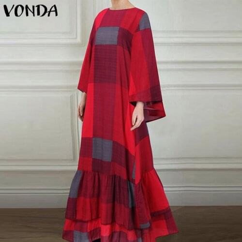 Vintage Maxi Long Dress 2021 VONDA Women Sundress Long Sleeve Long Maxi Dresses Sexy Ruffled Hem Patchwork Vestido Oversized