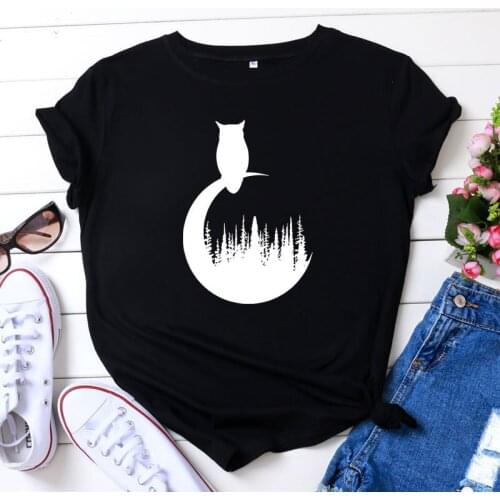 100% Cotton Oversized Womens T-shirt O-Neck Short Sleeve Harajuku Night Forest Owl Night Top Casual Female T shirt 2020 Summer