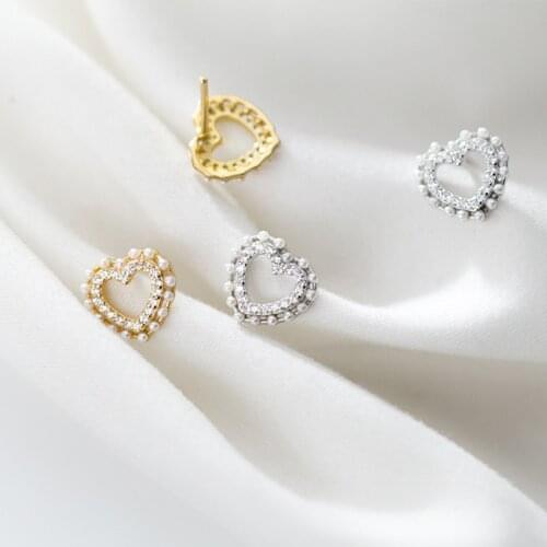 MloveAcc New Arrival 925 Sterling Silver Heart Love Stud Earrings for Women Clear CZ Pearl Silver Earrings Jewelry Brincos