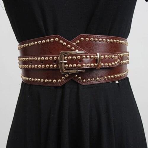SeeBeautiful Metal Pin Buckle Rivets Irregular Wide PU Stitch Elastic Cloth Waist Seal Belts New Fashion 2021 Spring Women M966