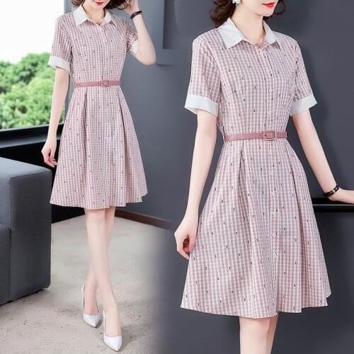 Women dress summer cute print plaid shirt dress women casual office ladies work midi dress belt robe