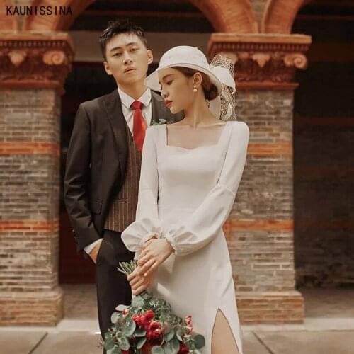 KAUNISSINA Split Wedding Dresses Elegant Vestidos De Bovia Women Long Lantern Sleeve Square Collar Simple Mid-Calf Bridal Dress