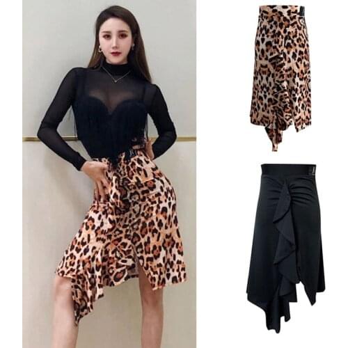 2020 Sexy Leopard Latin Dance Skirt Female Adult Latin Cha Cha Rumba Samba Performance Dance Skirt Competition Dresses DQS5437
