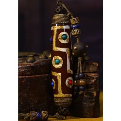 5" Tibet Buddhism Old Natural agate mosaic Gem Filigree Multiple eyes gZi Beads Dzi Bead Pendant Exorcism Ward off evil spirits