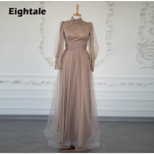 Eightale Arabic Evening Dresses High Neck Appliques Beaded with Pearls Long Sleeves Musilim Prom Gown Celebrity Party Dress