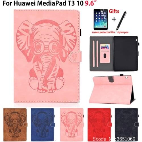 Case For Huawei MediaPad T3 10 AGS-L09 AGS-W09 AGS-L03 9.6" Cover Funda Elephant Embossed PU leather Stand Shell Capa +Gift