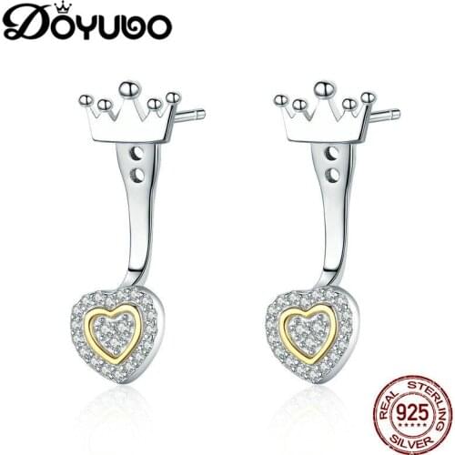 DOYUBO Fashion Women Sterling Silver Earrings Double Gold Color Heart Cubic Zirconia Stud Earrings Loverly Heart Earring AFF015
