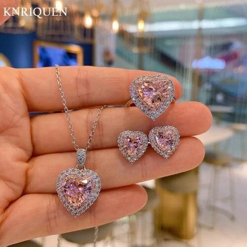 Romantic 925 Sterling Silver Heart-Shaped Pink Quartz Pendant Necklace Earrings Ring Wedding Jewelry Sets Gift for Girlfriend