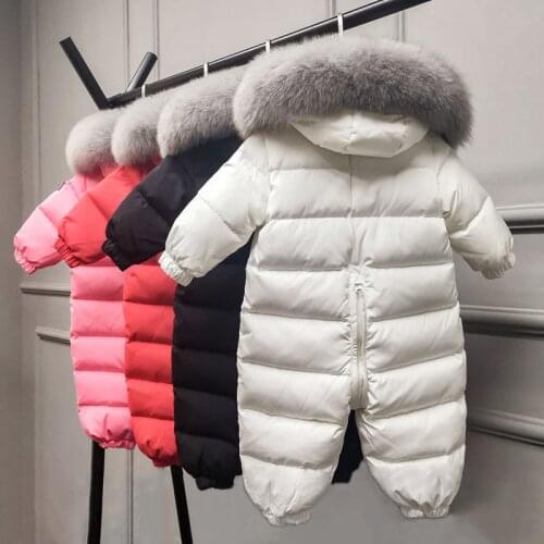 Large Fur Collar Hooded Kids Baby Snowsuit Duck Down Filling Infant Boys Girls Romper Thick Warm Baby Jumpsuit Winter Clotes