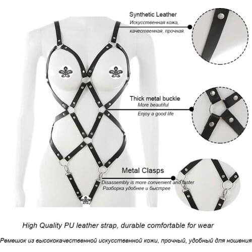 Women Punk Cut Out Harness Body Leather Harness Bra Set with Metal buckles Strappy Body Caged Lingerie Waist Belts Rave Wear
